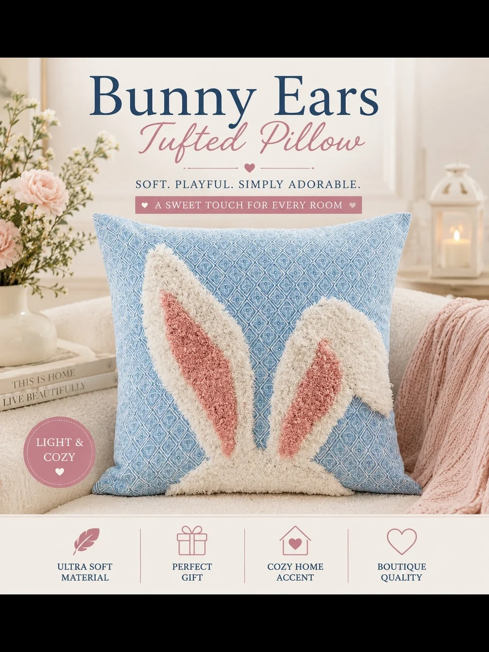 Bunny Ears Tufted Pillow - Blue with Cream & Pink Accent With Insert
